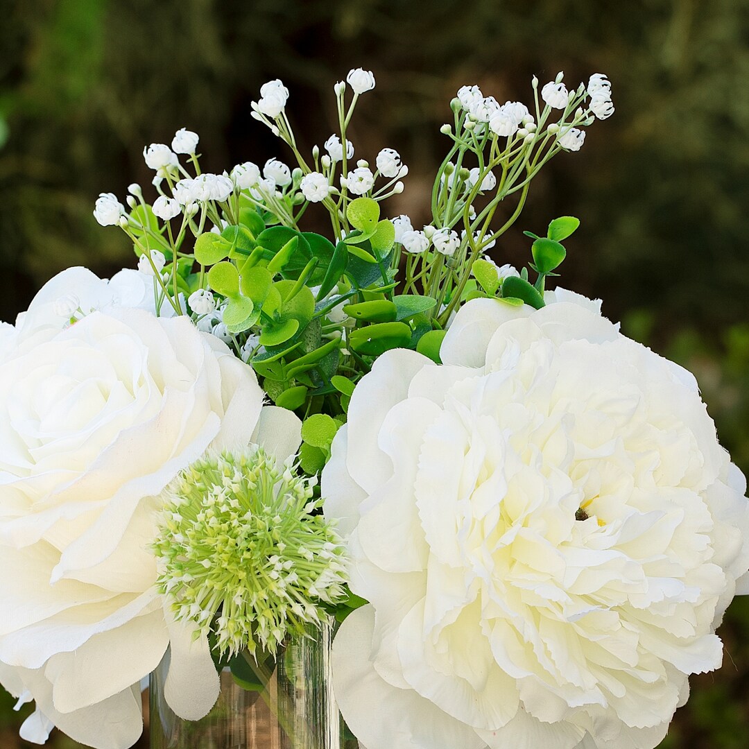 Artificial Flowers In Vase With Faux Water – Realistic Hydrangea & Rose Arrangement With Eucalyptus For Home Decor, Weddings & Table Centerpieces